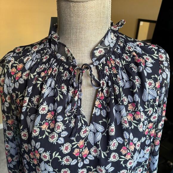 LOFT Floral Smocked Ruffle Tie Neck Blouse Navy Long Sleeve Flowy - Picture 2 of 6